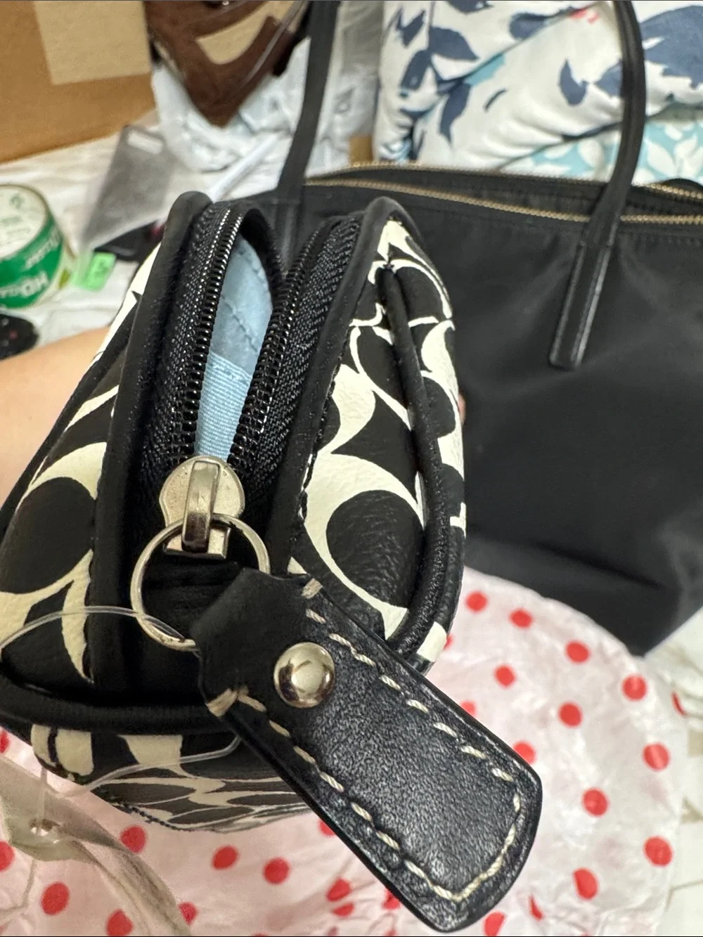 Coach Black & White Signature Stripe Cosmetic Pouch